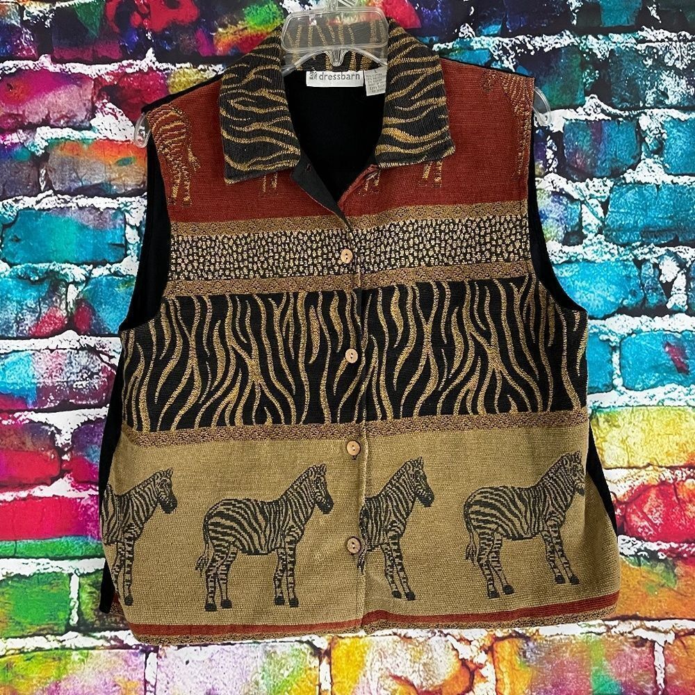 Dressbarn Safari Zebra Theme Tapestry Button Front Vest Corduroy Back Size Large